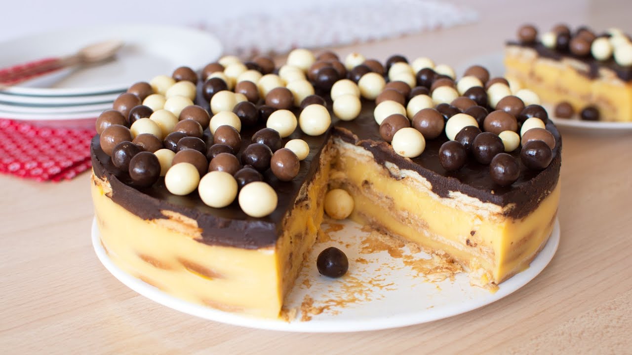 Tarta de la Abuela con Galletas, Flan y Chocolate | Postre facil y tradicional