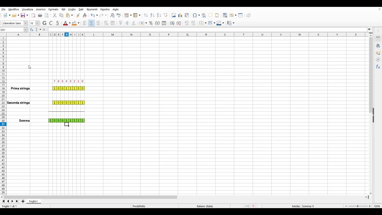 Somma di due stringhe di 8 bit con LibreOffice Calc (o Microsoft Excel)