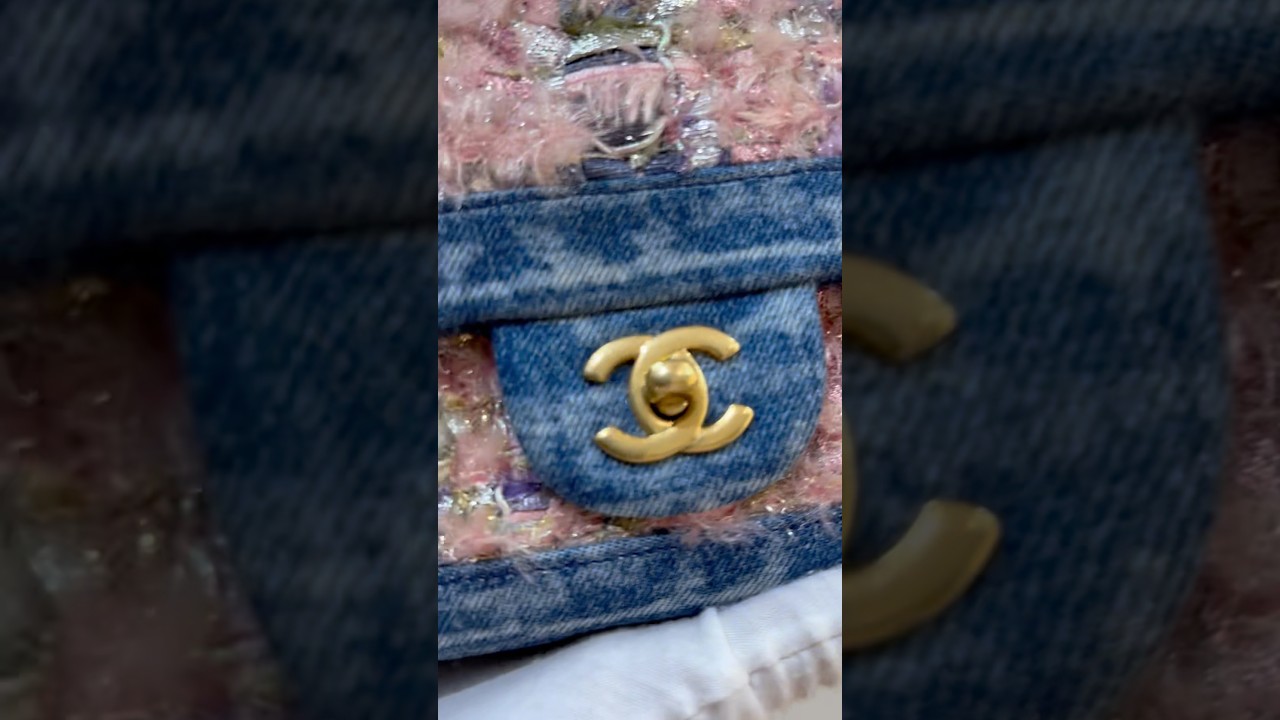 Pink, Silver, and Gold Tweed and Denim Medium Classic Double Flap Gold Hardware#chanel#bag#chanelbag