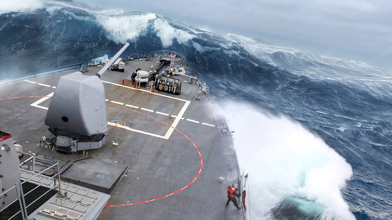 Massive US Navy Combat Ship Battling Giant Waves at High Speed