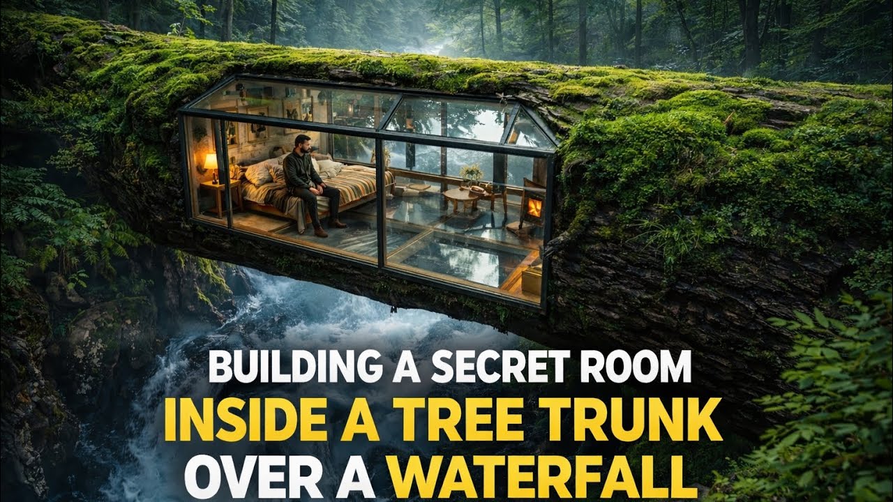 Secret Hidden Home Inside a Tree Trunk Above a Roaring Waterfall (ASMR Build).