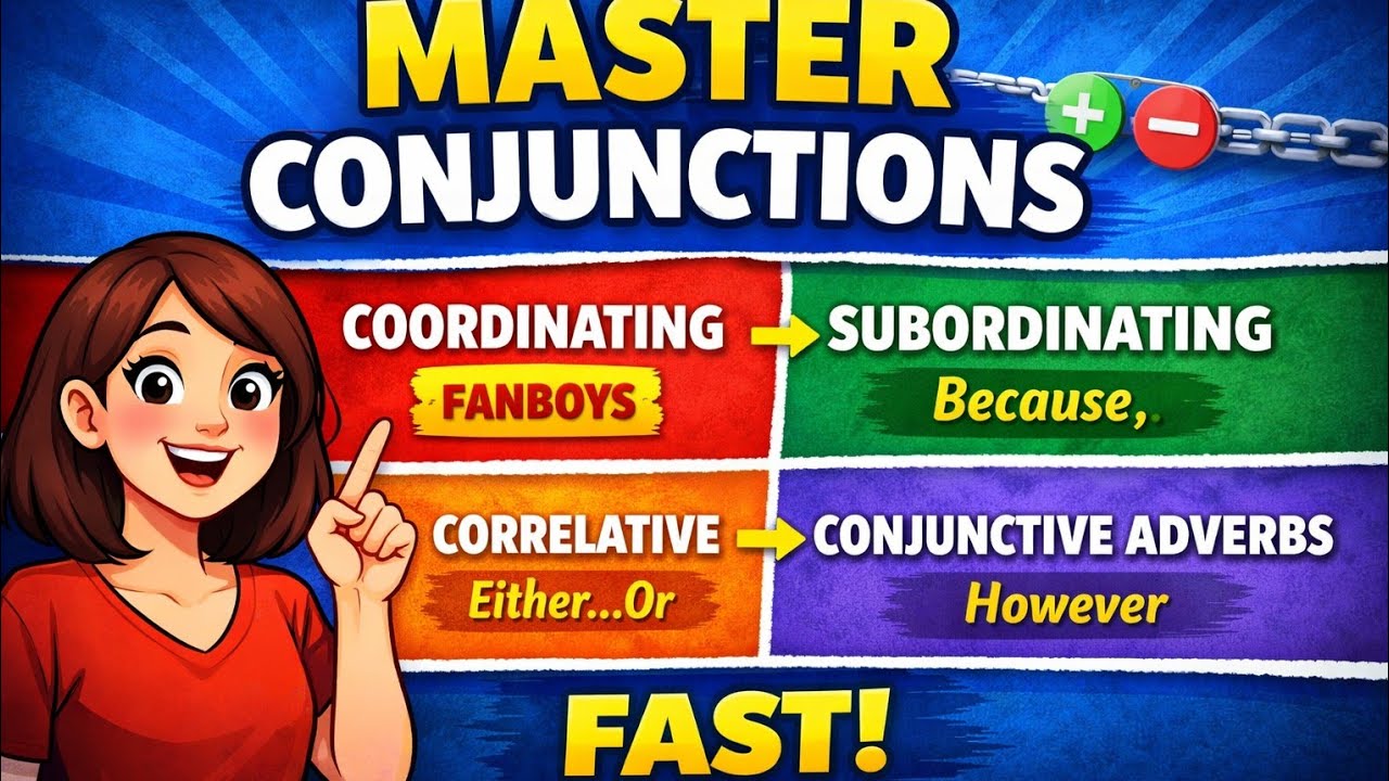Overview of English conjunctions (Coordinating, subordinating, correlative) and conjunctive adverbs.