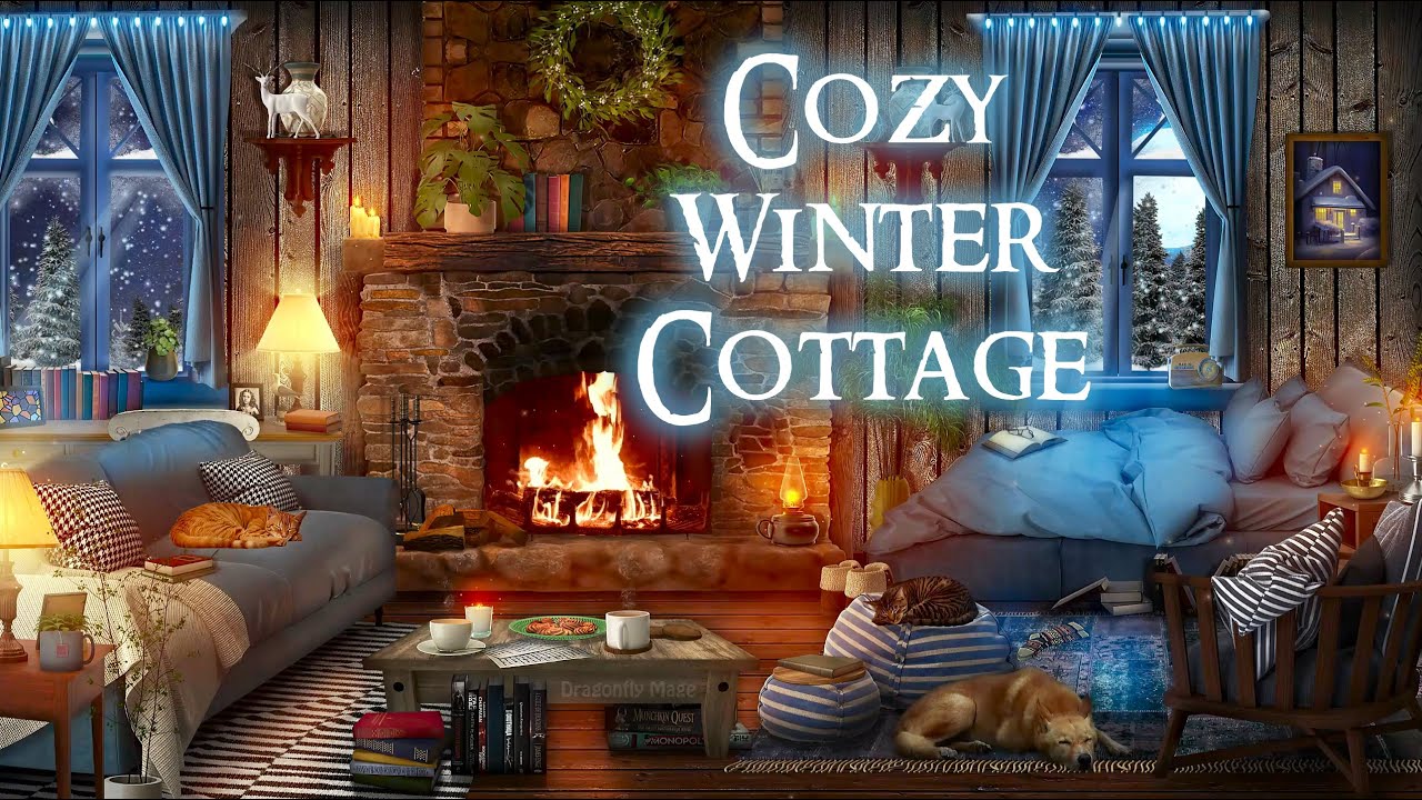 Cozy Winter Cottage ❄️ ASMR winter cabin ambience 🔥 (crackling fire, soft wind, pages turning)