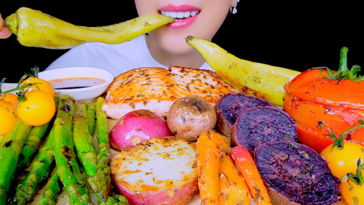 HEALTHY EATING ASMR: ROASTED VEGGIES + SALMON  PLATTER (ASPARAGUS, PEPPER, TOMATOES) | TracyN ASMR