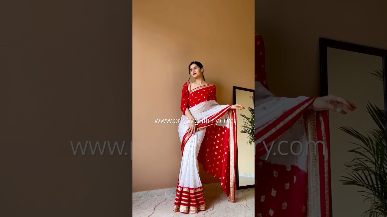 Red white georgette saree // WhatsApp 9079153011 // www.priyazgallery.com #saree #georgettesaree
