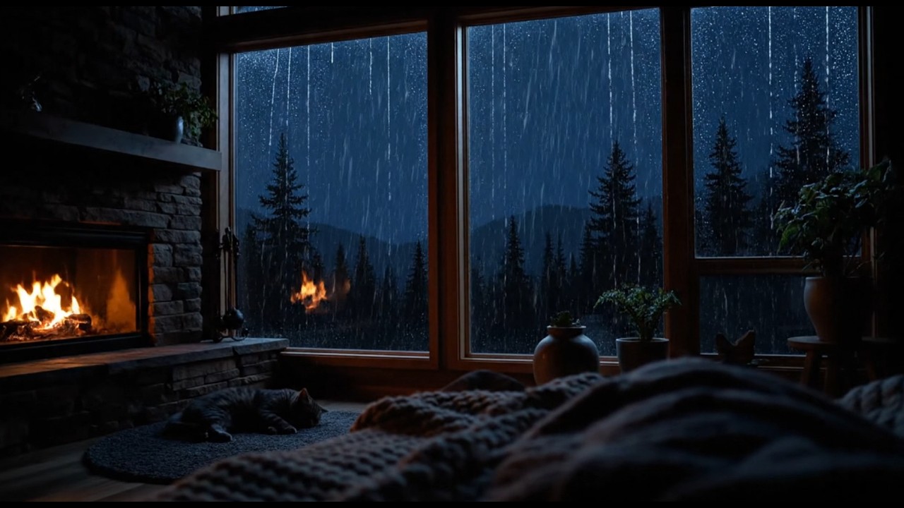 Soothing Rain in Forest Ambience with Cozy Fireplace | Relaxing Cabin Night Sounds