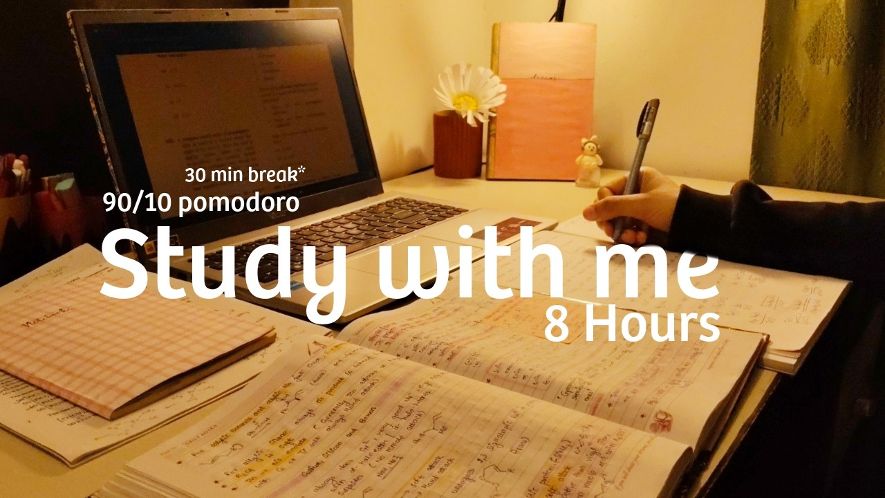 LIVE STUDY WITH ME – 8 HOURS | Rain Sound | Background Noise | Pomodoro (90/10)