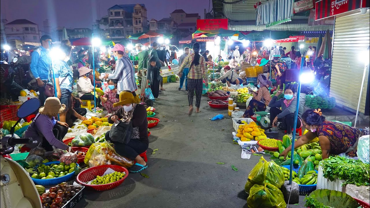Chhbar Ampov Early Morning Market Food Show - Fresh Fruits, Vegetables, And Meat