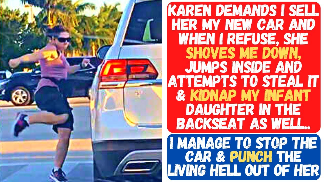 KAREN ATTEMPTS TO STEAL MY CAR AND KIDNAP MY INFANT IN IT! I STOP THE CAR & SHOWER HER WITH SLAPS!!!