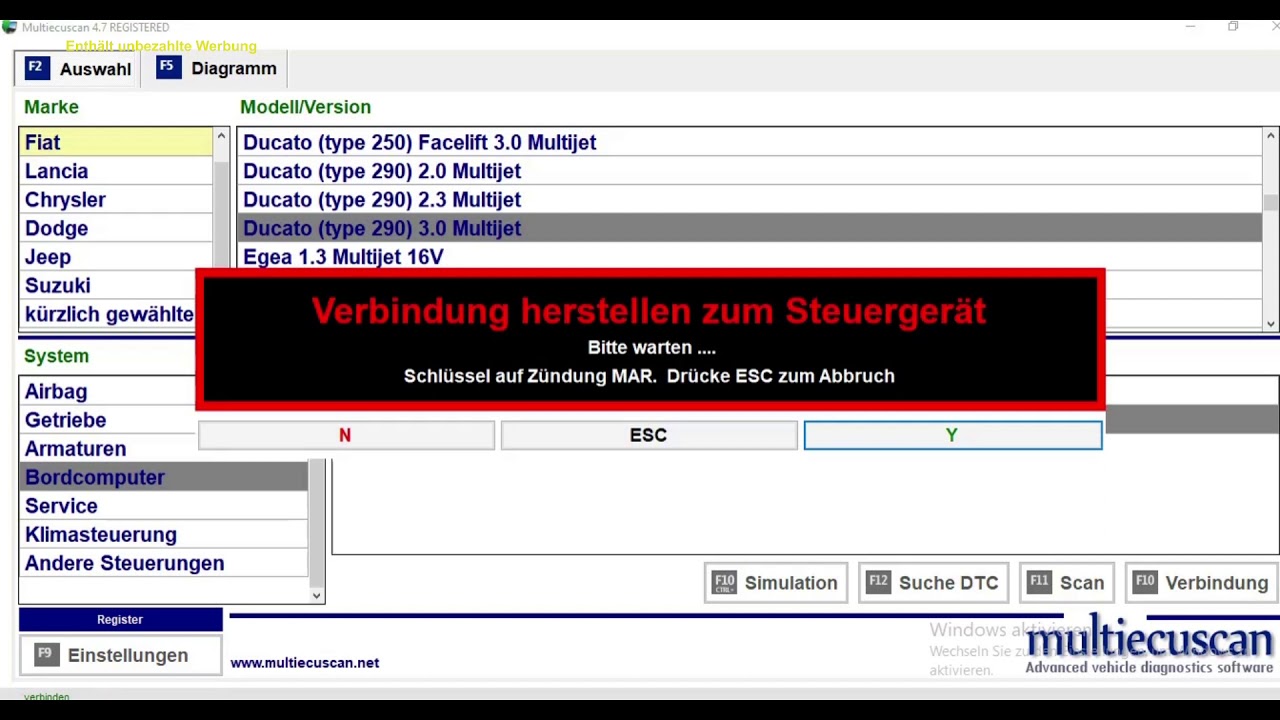Fiat Ducato, OBD 2, Fehler auslesen u. Gurtwarner deaktivieren mit Multiecoscan