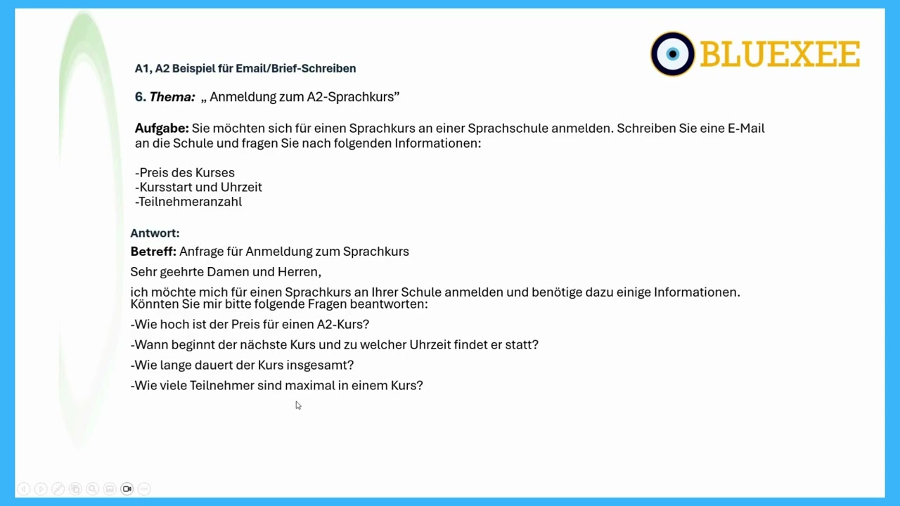 TELC A2 Almanca Mektup/Email Örnek 2 - Anfrage für Anmeldung zum Sprachkurs