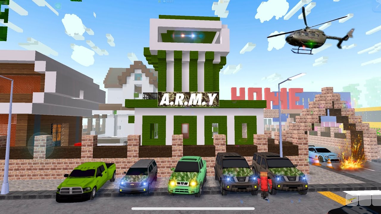 Helicopter in the city  army on move in school party craft