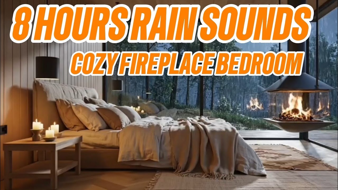 8 Hours Rain Sounds for Sleep 🌧️ Cozy Bedroom Fireplace Ambience (No Music)