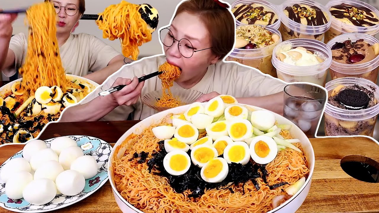 아직도 여름이니 비빔면을 먹어보겠어요😎 비빔면 5개에 감동란 20개 후식은 나도가 보내준 푸딩들~!!  240910/Mukbang, eating show