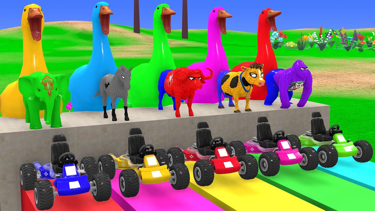 5 Giant Duck Game,Super Mario ,Tiger, Cow,Lion,Paint Wild Animals Crossing Fountain Animation