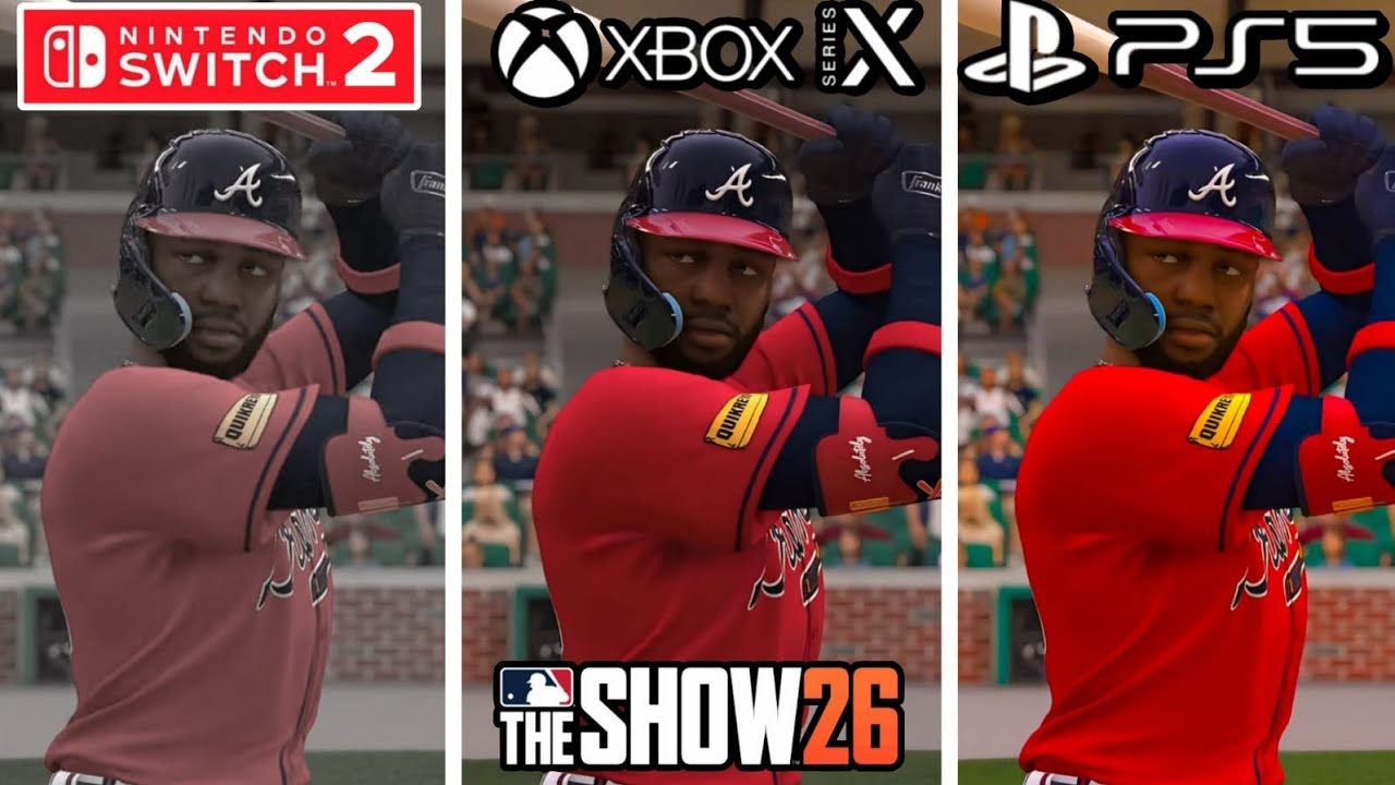 Сравнение графики MLB The Show 26 на PS5, Xbox Series X и Nintendo Switch 2.
