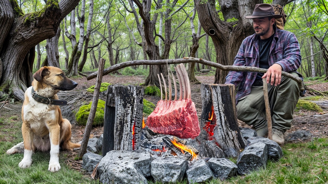 Stuck in the Forest with Juicy Beef Ribs! Building a Hammock from Branches