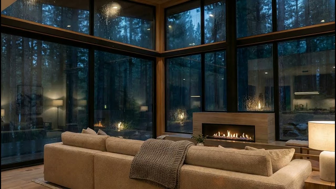 A cozy evening for you || Rain in the forest & fireplace