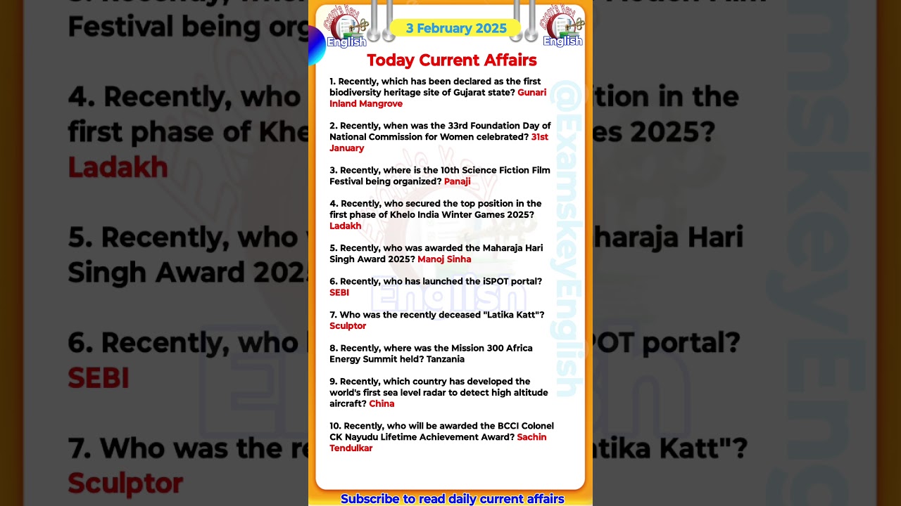 3 February  Current Affairs 2025 |Today current affairs #ssccgl  #currentaffairs #gk  #sscchsl #upsc