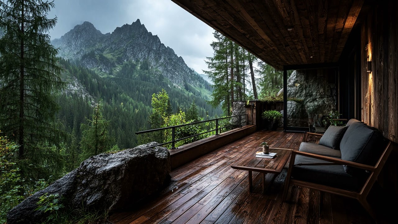 Forest View Balcony in Cozy Winter Glow with Candlelight ASMR and Soft Rainfall for Nighttime Sleep
