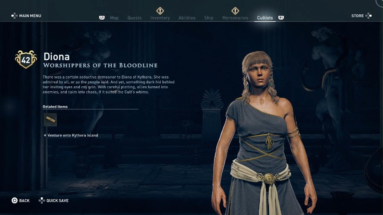 AC Odyssey Side Quest – I, Diona (Kythera Island) & Cult Hunt : Diona (Worshipper of the Bloodline)