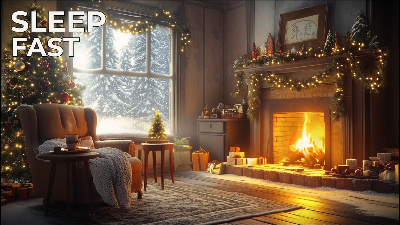 Christmas Night by the Fireplace | Snowy Cabin Ambience (4 Hours)