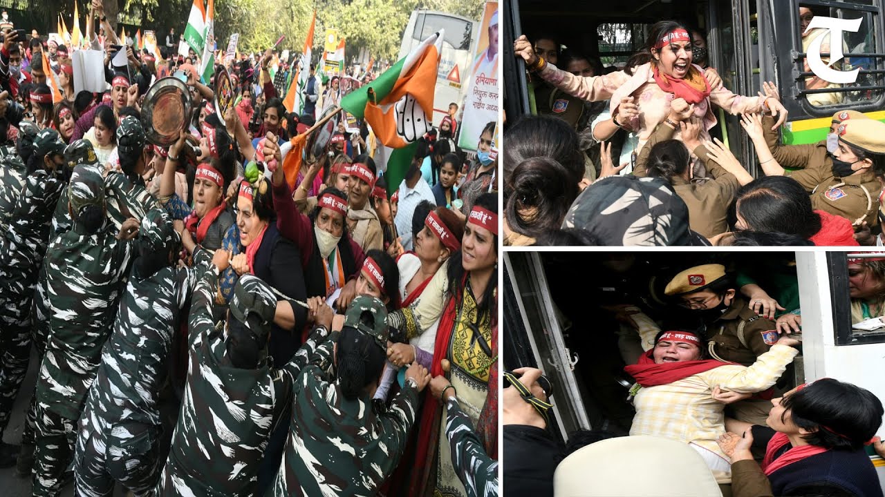 New Delhi: Mahila Congress members hold protest near Parliament against price hike