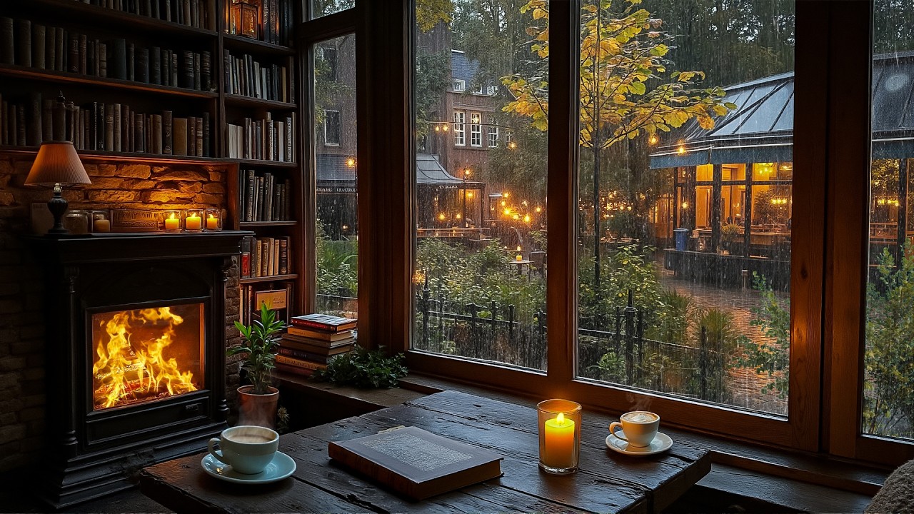 Rainy Spring February Morning 🌧️ Jazz Music & Fireplace at a Quiet Café | Read & Work Ambience