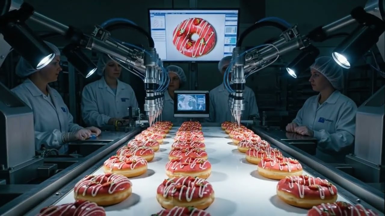 Inside the factory: The process of making strawberry glazed Donuts.