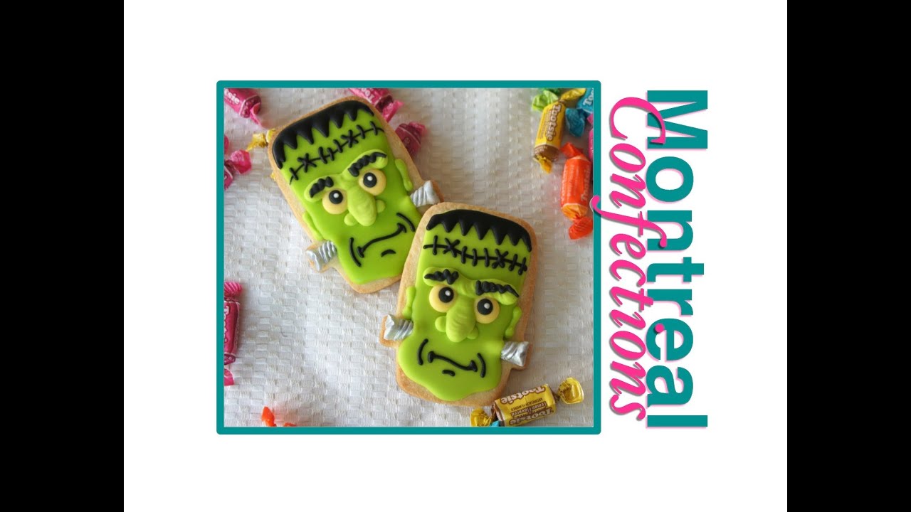 Frankenstein Cookies for Halloween - Royal icing transfers for cookies - Montreal Confections