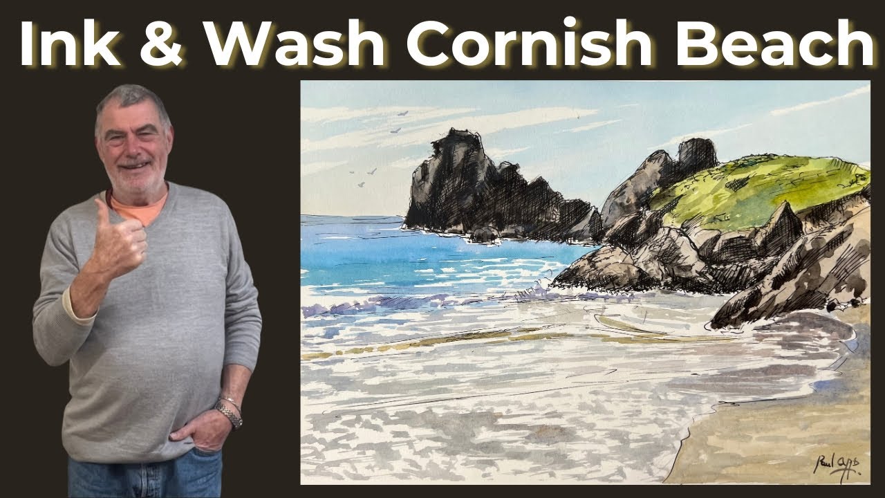 An Ink and Wash Study of a Cornish Beach