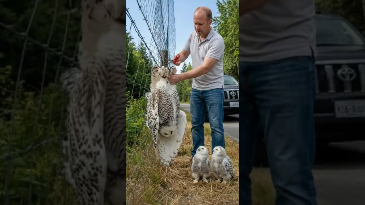 A Kind Man  Rescues a Mother Snowy Owl Trapped in Fence Net 