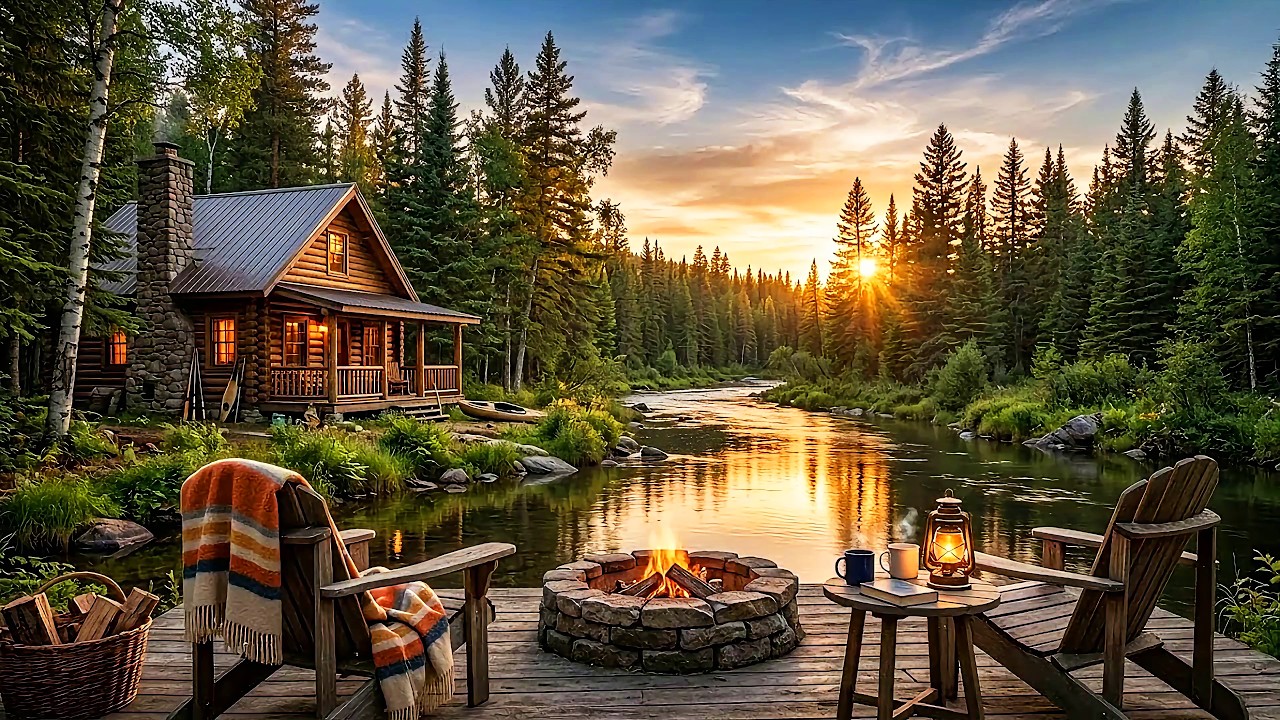 Cozy Log Cabin by the River | Sunset Fireplace Ambience & Nature Sounds