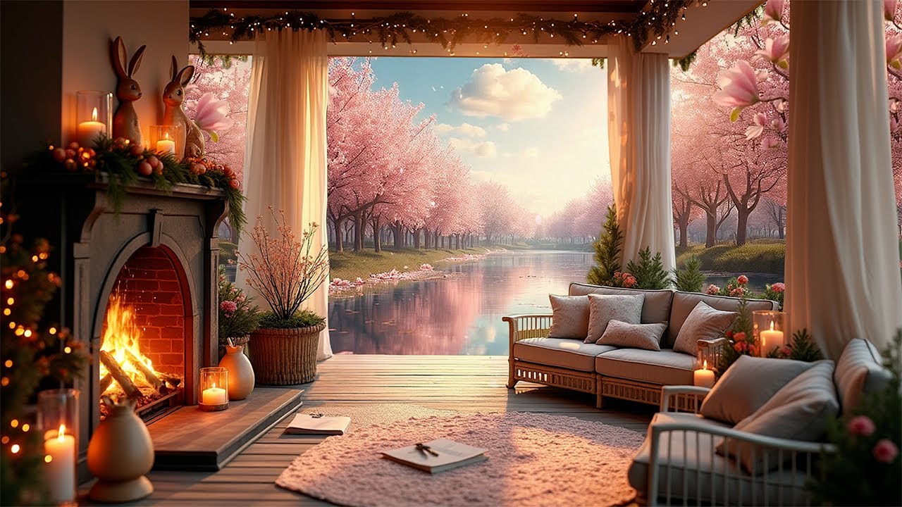 🌸🐰 Cozy Easter Ambience on a Riverside Porch | Crackling Fireplace & Blooming Trees 🌿🔥