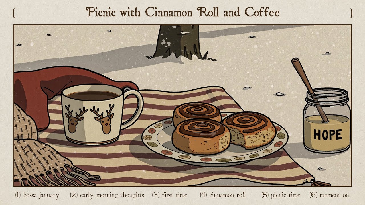 picnic with cinnamon roll and coffee, sunday morning with positive jazz