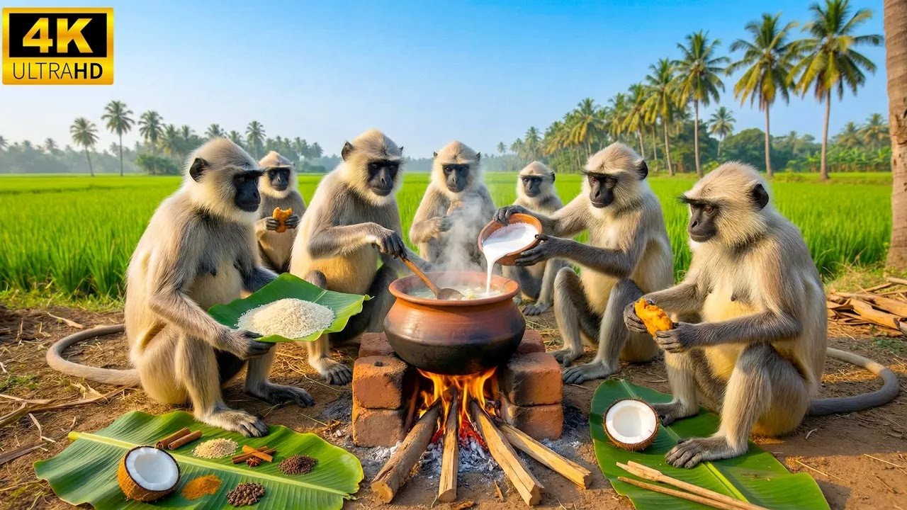 बंदरों ने मिलकर बनाई देसी चावल की खीर 😮🔥 | Обезьянья кулинария в джунглях