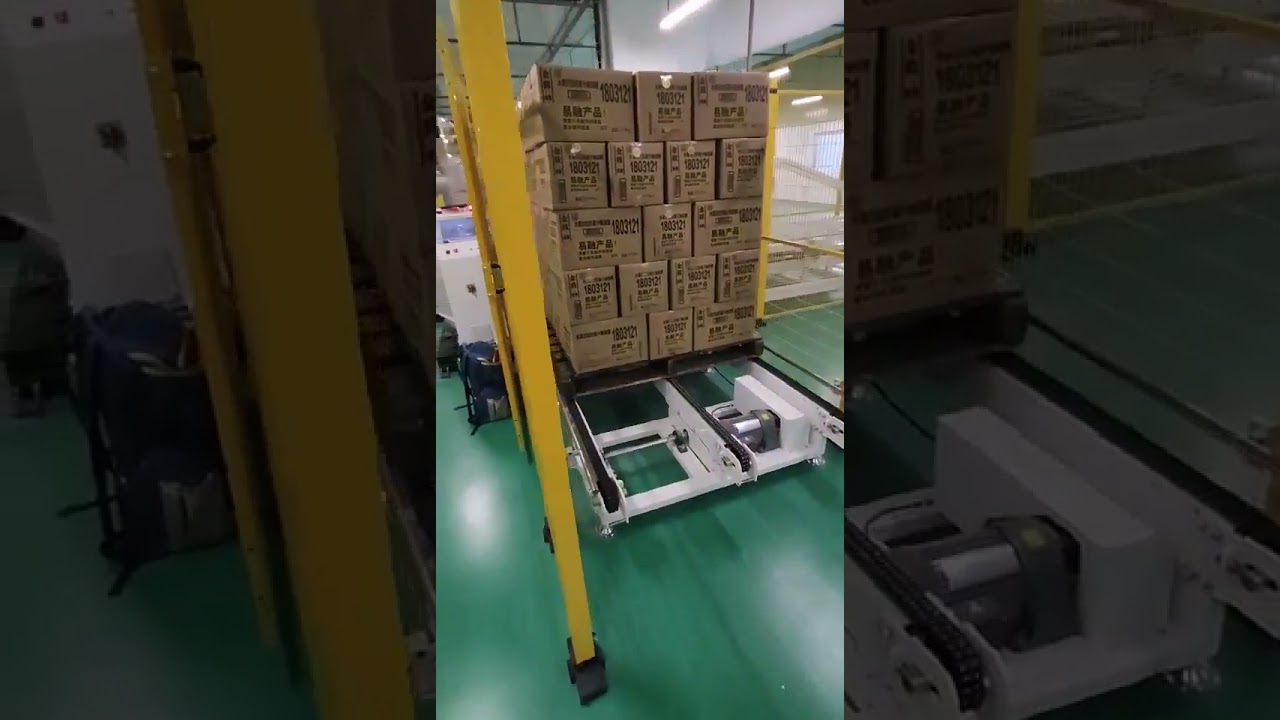 Cobot robot palletizer with fully auto pallet wrapping macine line chain conveyor system