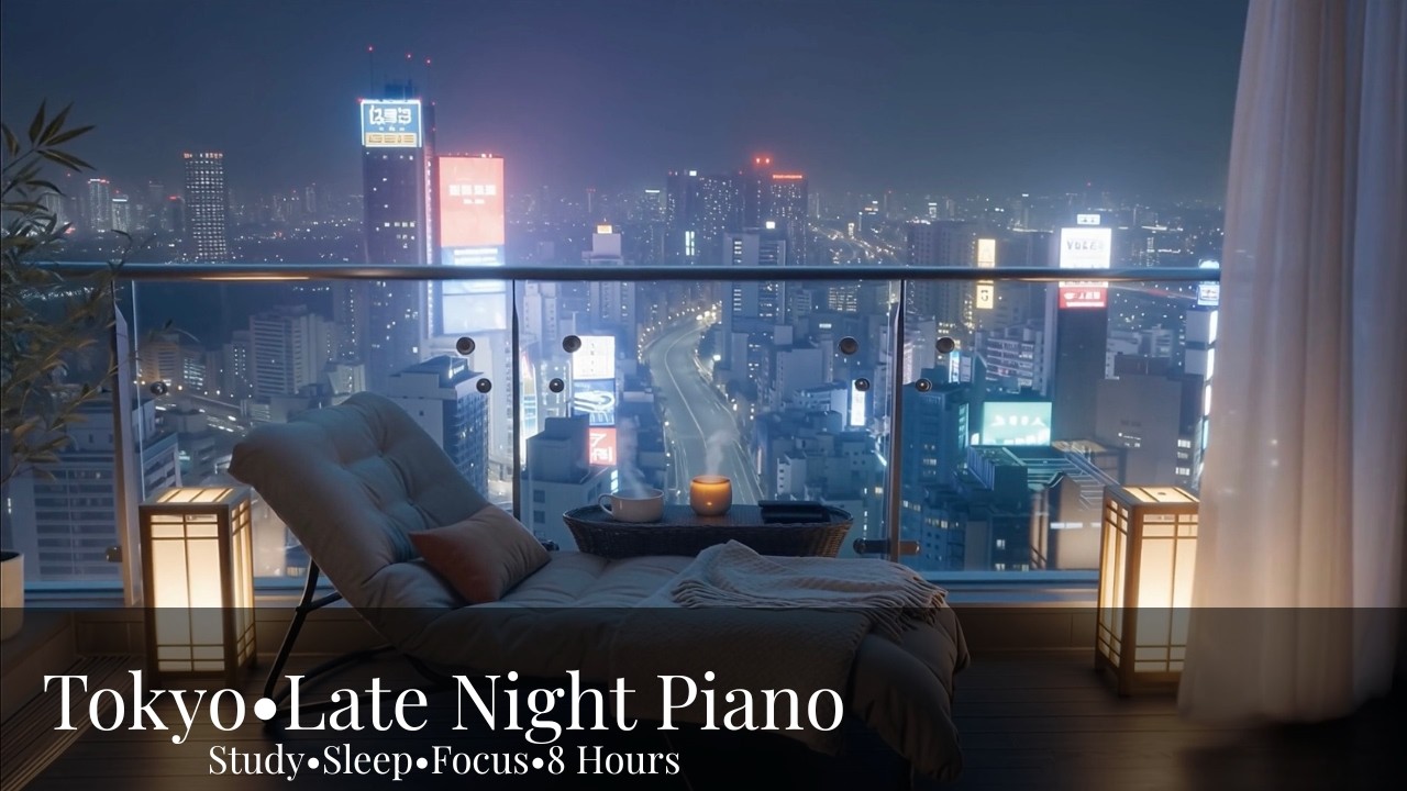 Tokyo Neon Night Balcony Ambience, City Lights, Soft Piano for Sleep, Relax, Study (8 Hours)