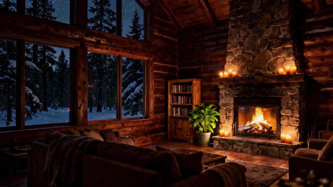 Enjoying the Warmth of a Fireplace Inside a Wooden Cabin with Calming Crackling Sounds as Snow Falls