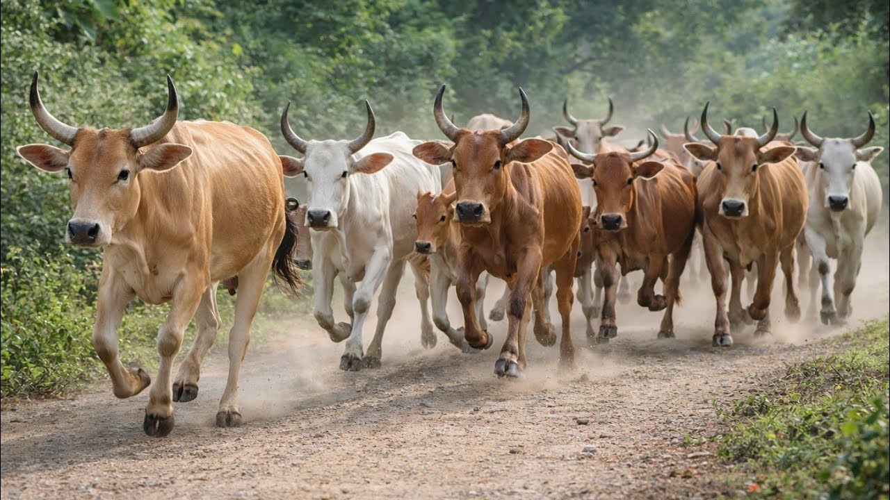 Puluhan sapi lembu kampung berjalan sangat terburu-buru keluar dari kandang untuk menyusuri hutan