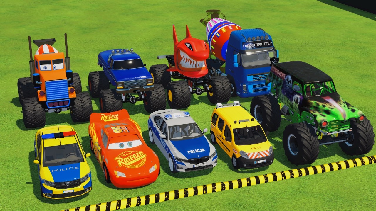 TRANSPORTING POLICE CARS, MONSTER TRUCK, FIRE TRUCK, COLORFUL CARS WITH TRAIN - FS22 #242