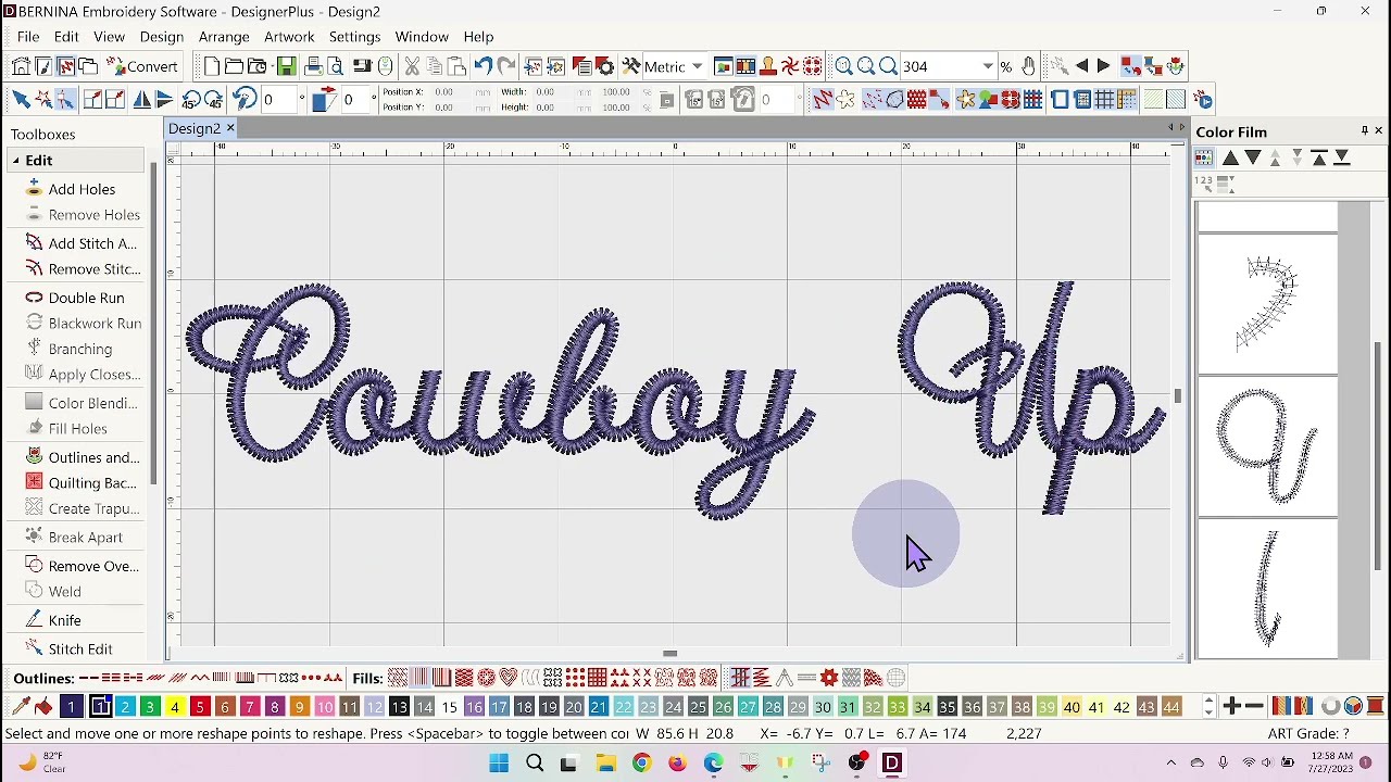 Editing embroidery letters using the Knife tool