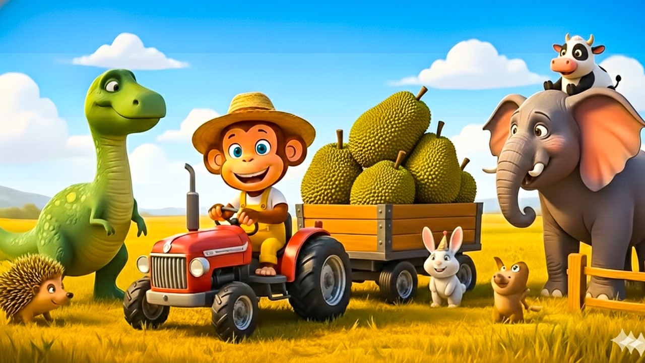 Monkey Farmer Harvests Jackfruit After Fixing Tractor – Farm Work | Funny Monkey Kids! 🚜🍈🐵