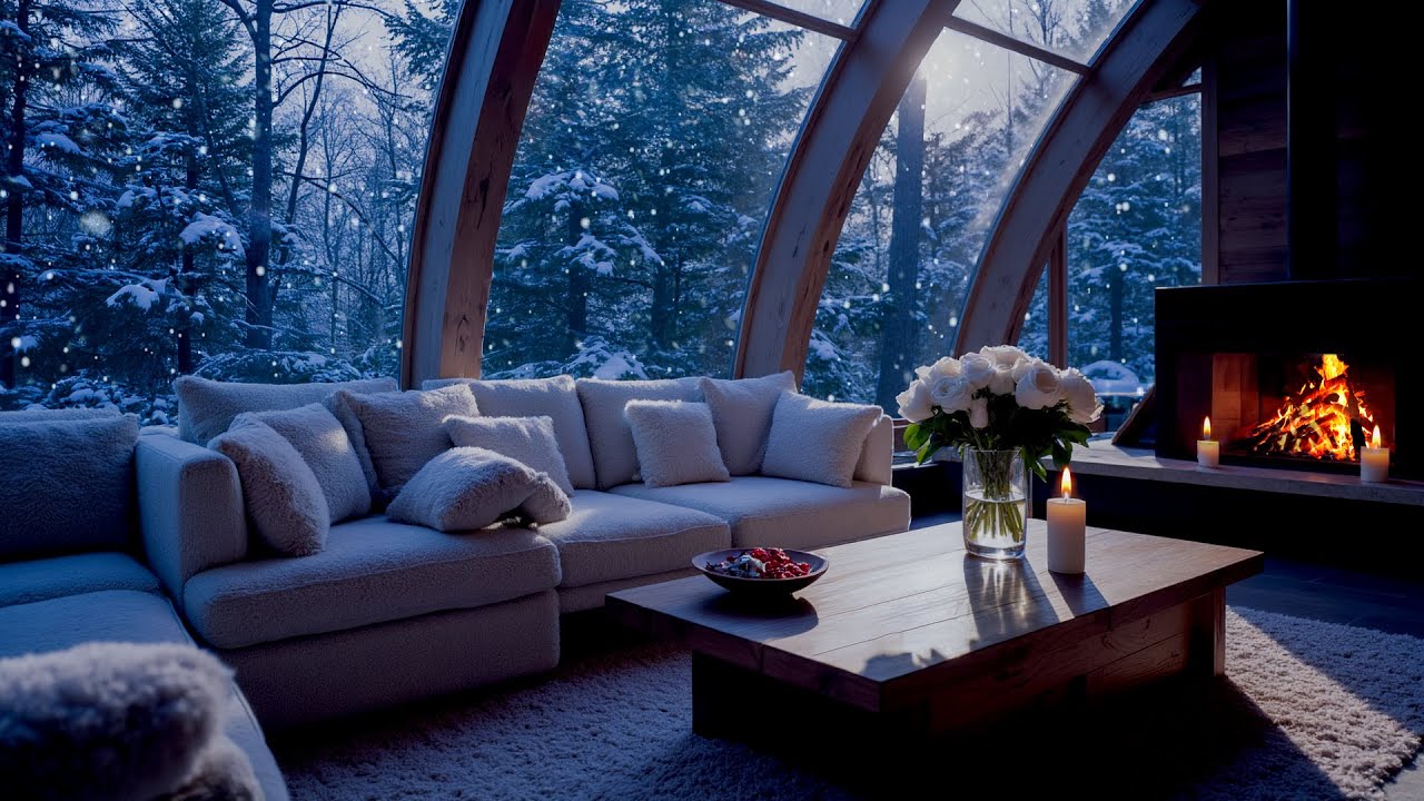 Winter Piano in a White Room ❄️ | Snowy Window, Warm Fireplace & Cozy Night Ambience for Sleep