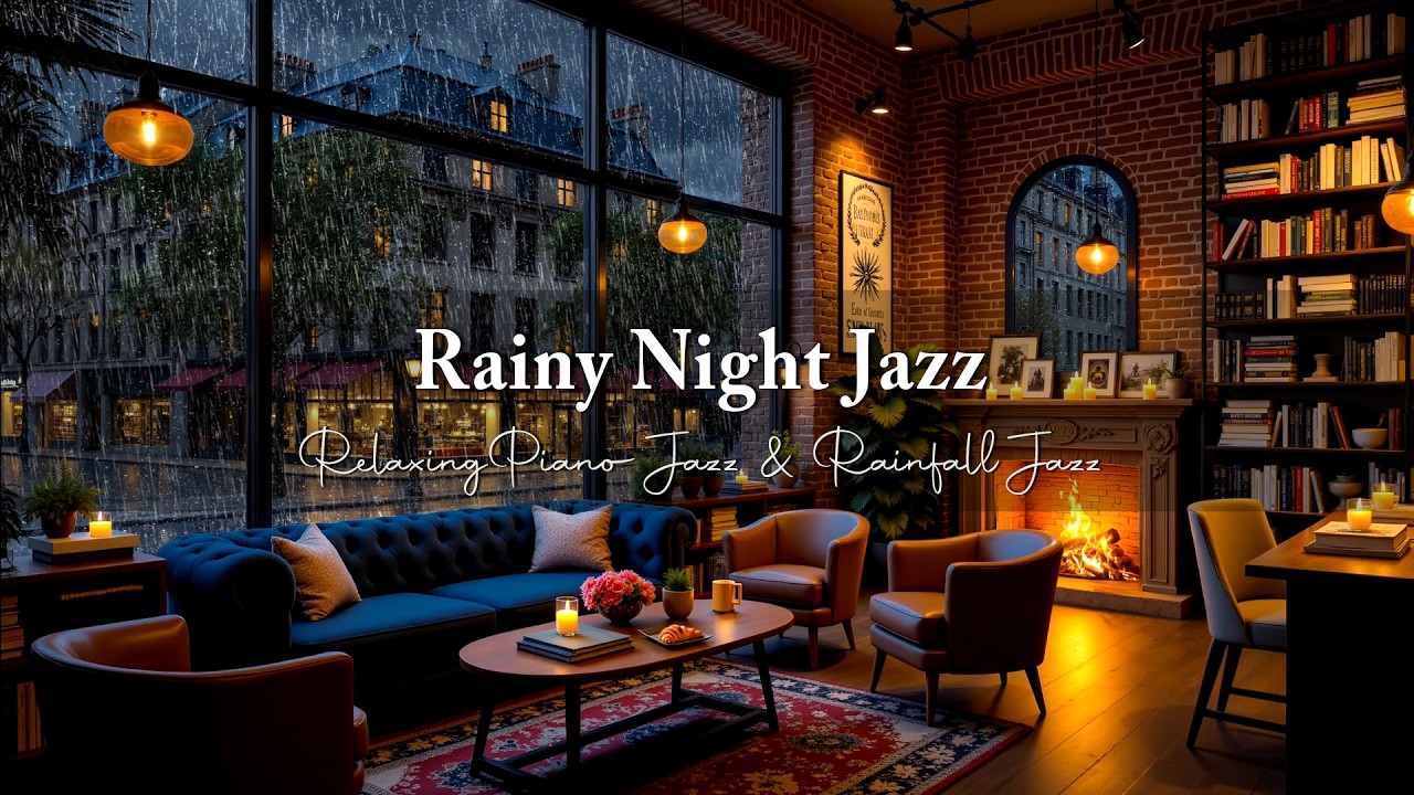 Healing Jazz for a Tired Soul 🌧️ Soft Rainy Evening Ambience & Fireplace Sounds to Calm Mind & Sleep