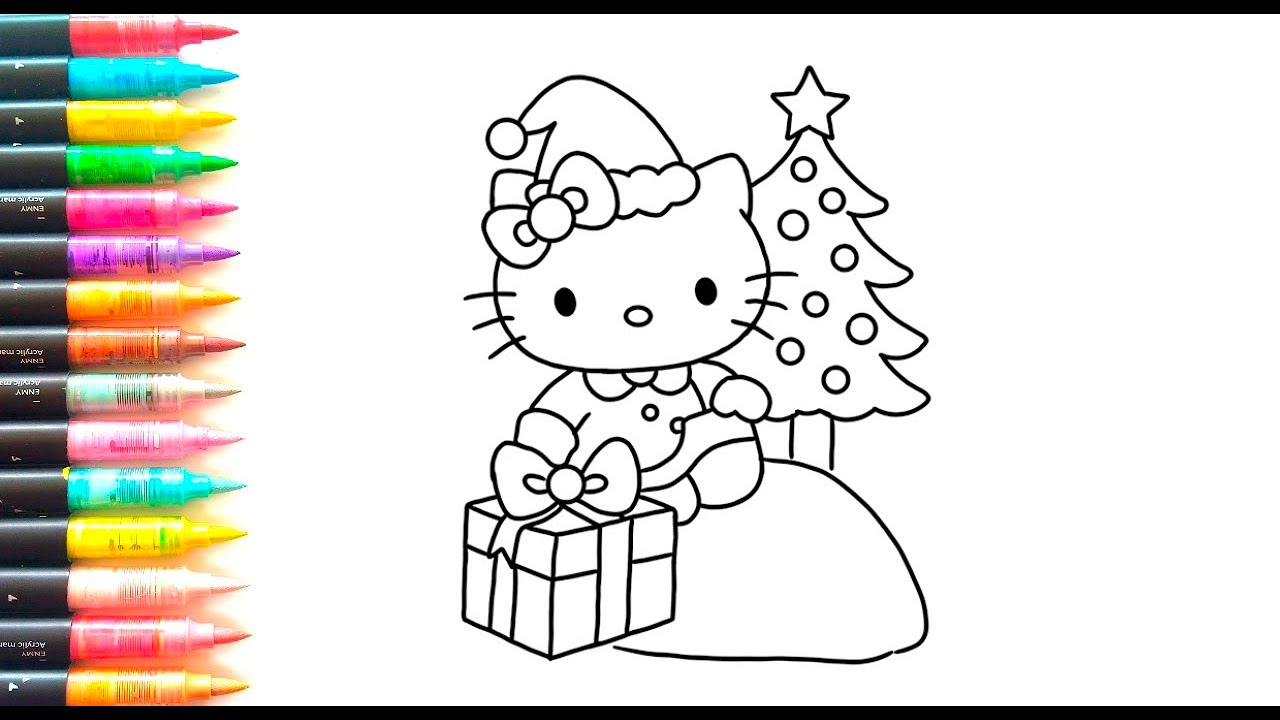 MENGGAMBAR DAN MEWARNAI KARTUN HELLO KITTY MERAYAKAN NATAL, drawing and coloring step by step