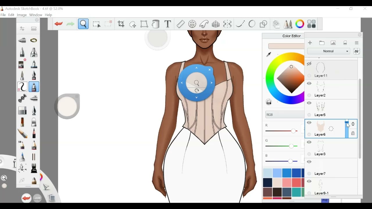Fashion illustration of a midi skirt and corset top on a curvy model
