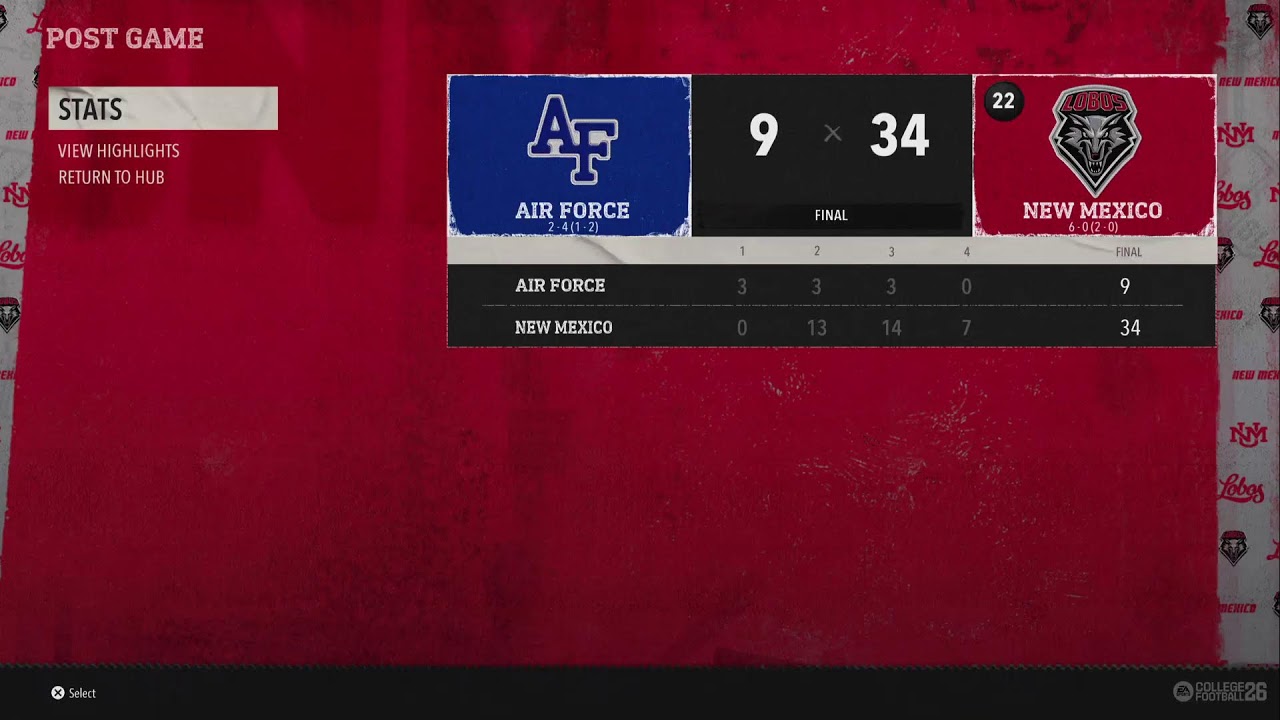 EA College Football 26 Dynasty 2029 Week 7 New Mexico vs Air Force