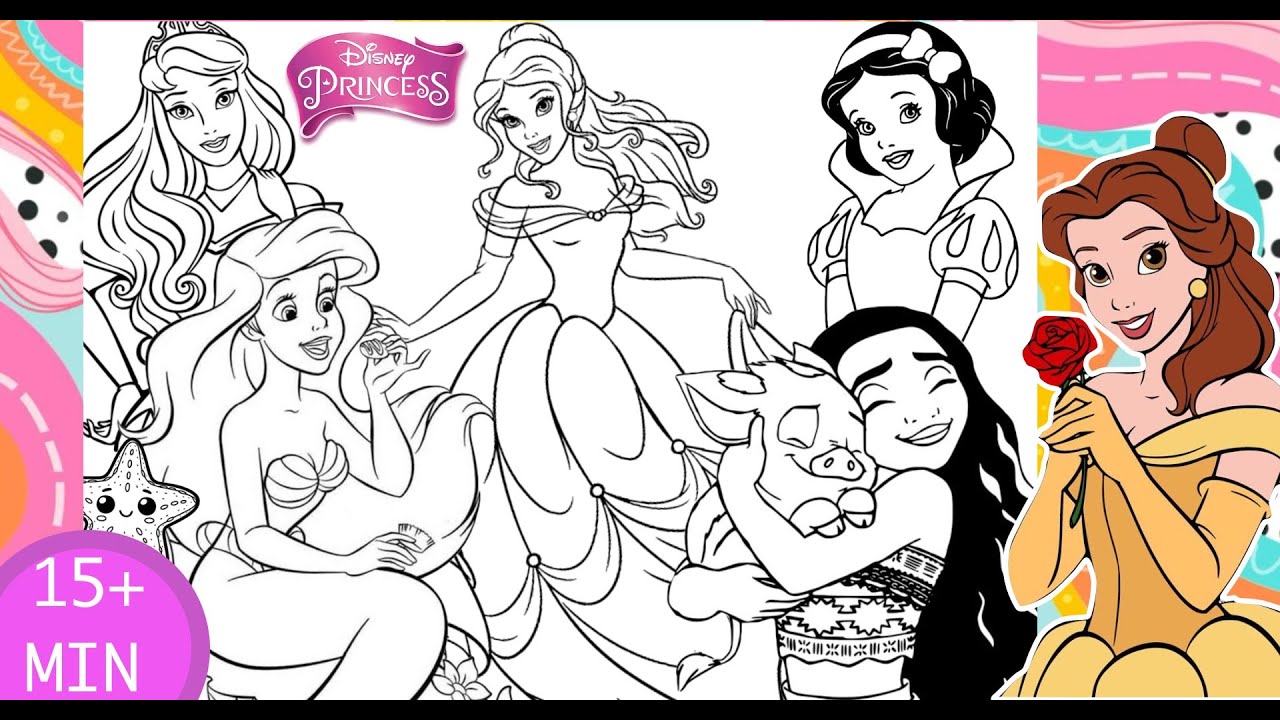 LONG Disney PRINCESS Fun Coloring Page ARIEL MULAN SNOW WHITE MERIDA AURORA MOANA - Color In Markers