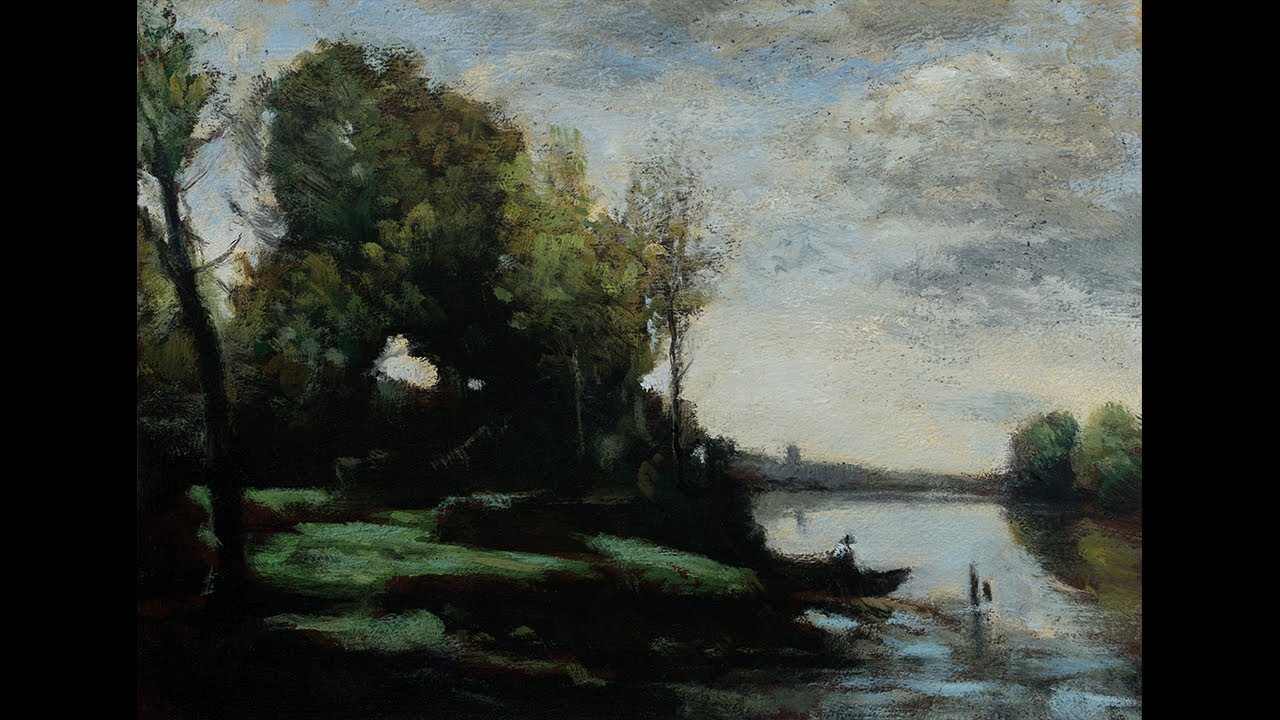 Study after: Camille Corot River with a Distant Tower Tonalist Landscape Oil Painting